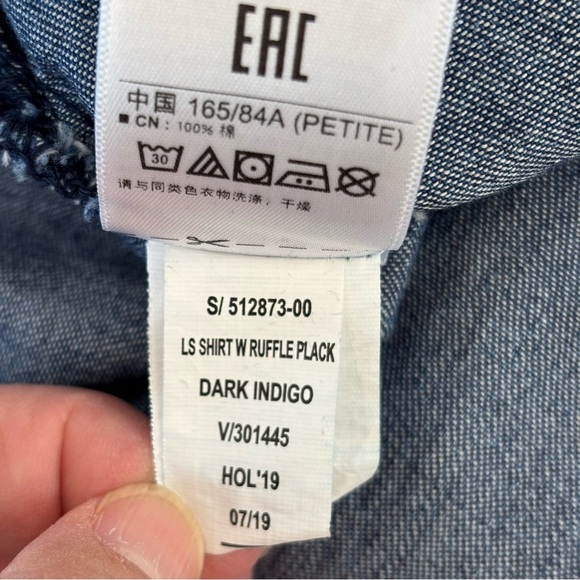 GAP Denim Ruffle Trim Popover Shirt Cottagecore Prairie Dark Indigo Blue XSP - Picture 11 of 12